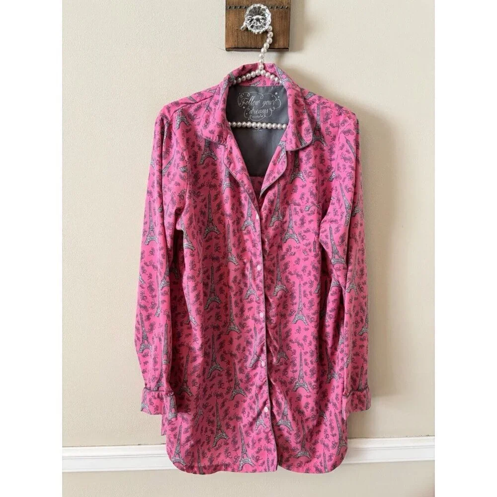 Mudpie Follow Your Dreams Womens Size L Sleep Shirt Pink Eiffel Tower Long Sleev